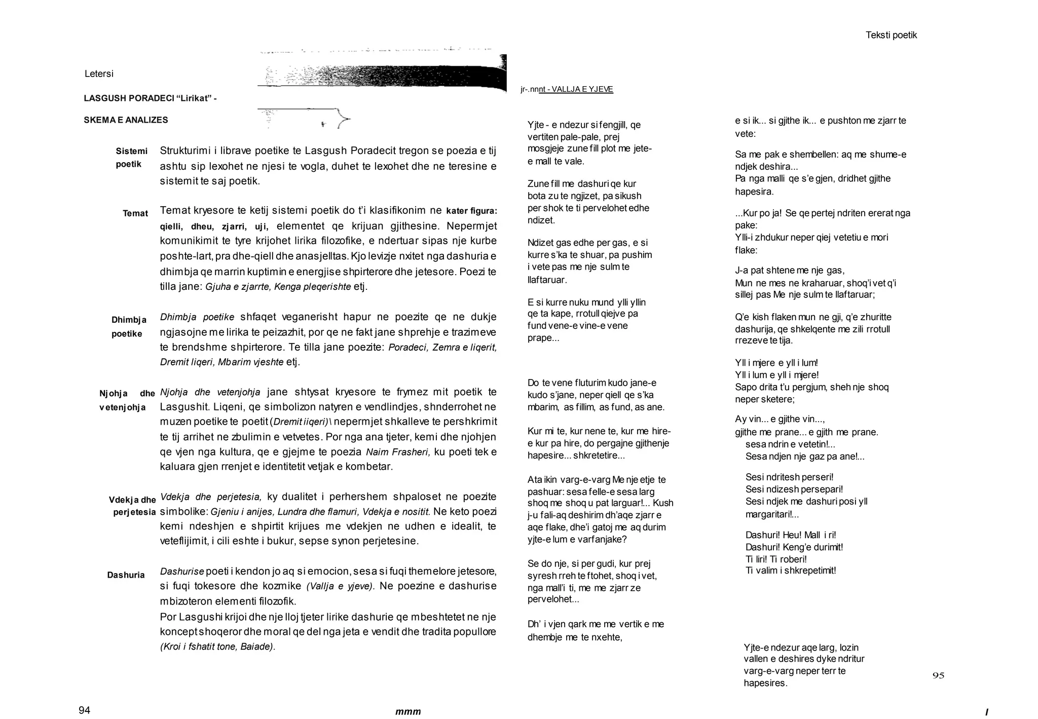 Teksti poetik
95
Letersi
LASGUSH PORADECI “Lirikat” -
SKEMA E ANALIZES
jr-.nnnt - VALLJA E YJEVE
Sistemi
poetik
Temat
Dhimbja
poetike
Njohja dhe
vetenjohja
Vdekja dhe
perjetesia
Dashuria
Strukturimi i librave poetike te Lasgush Poradecit tregon se poezia e tij
ashtu sip lexohet ne njesi te vogla, duhet te lexohet dhe ne teresine e
sistemit te saj poetik.
Temat kryesore te ketij sistemi poetik do t’i klasifikonim ne kater figura:
qielli, dheu, zjarri, uji, elementet qe krijuan gjithesine. Nepermjet
komunikimit te tyre krijohet lirika filozofike, e ndertuar sipas nje kurbe
poshte-lart,pra dhe-qiell dhe anasjelltas.Kjo levizje nxitet nga dashuria e
dhimbja qe marrin kuptimin e energjise shpirterore dhe jetesore. Poezi te
tilla jane: Gjuha e zjarrte, Kenga pleqerishte etj.
Dhimbja poetike shfaqet veganerisht hapur ne poezite qe ne dukje
ngjasojne me lirika te peizazhit, por qe ne fakt jane shprehje e trazimeve
te brendshme shpirterore. Te tilla jane poezite: Poradeci, Zemra e liqerit,
Dremit liqeri, Mbarim vjeshte etj.
Njohja dhe vetenjohja jane shtysat kryesore te frymez mit poetik te
Lasgushit. Liqeni, qe simbolizon natyren e vendlindjes, shnderrohet ne
muzen poetike te poetit(Dremit iiqeri) nepermjet shkalleve te pershkrimit
te tij arrihet ne zbulimin e vetvetes. Por nga ana tjeter, kemi dhe njohjen
qe vjen nga kultura, qe e gjejme te poezia Naim Frasheri, ku poeti tek e
kaluara gjen rrenjet e identitetit vetjak e kombetar.
Vdekja dhe perjetesia, ky dualitet i perhershem shpaloset ne poezite
simbolike:Gjeniu i anijes, Lundra dhe flamuri, Vdekja e nositit. Ne keto poezi
kemi ndeshjen e shpirtit krijues me vdekjen ne udhen e idealit, te
veteflijimit, i cili eshte i bukur, sepse synon perjetesine.
Dashurise poeti i kendon jo aq si emocion,sesa si fuqi themelore jetesore,
si fuqi tokesore dhe kozmike (Vallja e yjeve). Ne poezine e dashurise
mbizoteron elementi filozofik.
Por Lasgushi krijoi dhe nje lloj tjeter lirike dashurie qe mbeshtetet ne nje
konceptshoqeror dhe moral qe del nga jeta e vendit dhe tradita popullore
(Kroi i fshatit tone, Baiade).
Yjte - e ndezur sifengjill, qe
vertiten pale-pale, prej
mosgjeje zune fill plot me jete-
e mall te vale.
Zune fill me dashuriqe kur
bota zu te ngjizet, pa sikush
per shok te ti pervelohet edhe
ndizet.
Ndizet gas edhe per gas, e si
kurre s’ka te shuar, pa pushim
i vete pas me nje sulm te
llaftaruar.
E si kurre nuku mund ylli yllin
qe ta kape, rrotullqiejve pa
fund vene-e vine-e vene
prape...
Do te vene fluturim kudo jane-e
kudo s’jane, neper qiell qe s’ka
mbarim, as fillim, as fund, as ane.
Kur mi te, kur nene te, kur me hire-
e kur pa hire, do pergajne gjithenje
hapesire... shkretetire...
Ata ikin varg-e-varg Me nje etje te
pashuar: sesa felle-e sesa larg
shoq me shoq u pat larguar!... Kush
j-u fali-aq deshirim dh’aqe zjarr e
aqe flake, dhe’i gatoj me aq durim
yjte-e lum e varfanjake?
Se do nje, si per gudi, kur prej
syresh rreh te ftohet, shoq ivet,
nga mall’i ti, me me zjarr ze
pervelohet...
Dh’ i vjen qark me me vertik e me
dhembje me te nxehte,
e si ik... si gjithe ik... e pushton me zjarr te
vete:
Sa me pak e shembellen: aq me shume-e
ndjek deshira...
Pa nga malli qe s’e gjen, dridhet gjithe
hapesira.
...Kur po ja! Se qe pertej ndriten ererat nga
pake:
Ylli-i zhdukur neper qiej vetetiu e mori
flake:
J-a pat shtene me nje gas,
Mun ne mes ne kraharuar, shoq’ivet q’i
sillej pas Me nje sulm te llaftaruar;
Q’e kish flaken mun ne gji, q’e zhuritte
dashurija, qe shkelqente me zili rrotull
rrezeve te tija.
Yll i mjere e yll i lum!
Yll i lum e yll i mjere!
Sapo drita t’u pergjum, sheh nje shoq
neper sketere;
Ay vin... e gjithe vin...,
gjithe me prane... e gjith me prane.
sesa ndrin e vetetin!...
Sesa ndjen nje gaz pa ane!...
Sesi ndritesh perseri!
Sesi ndizesh persepari!
Sesi ndjek me dashuriposi yll
margaritari!...
Dashuri! Heu! Mall i ri!
Dashuri! Keng’e durimit!
Ti liri! Ti roberi!
Ti valim i shkrepetimit!
Yjte-e ndezur aqe larg, lozin
vallen e deshires dyke ndritur
varg-e-varg neper terr te
hapesires.
94 mmm I
 