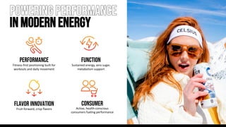27
PoweringPerformance
inModernEnergy
PERFORMANCE
Fitness-first positioning built for
workouts and daily movement
Function
Sustained energy, zero sugar,
metabolism support
FLAVOR INNOVATION
Fruit-forward, crisp flavors
27
CONSUMER
Active, health-conscious
consumers fueling performance
 