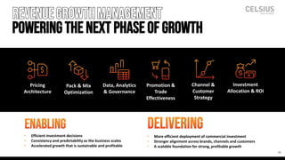 Revenuegrowthmanagement
poweringthe next phaseof Growth
C E L S I U S H O L D I N G S , I N C . | C A G N Y I N V E S T O R P R E S E N TAT I O N
ENABLING
• Efficient investment decisions
• Consistency and predictability as the business scales
• Accelerated growth that is sustainable and profitable
delivering
• More efficient deployment of commercial investment
• Stronger alignment across brands, channels and customers
• A scalable foundation for strong, profitable growth
Pricing
Architecture
Pack & Mix
Optimization
Promotion &
Trade
Effectiveness
Channel &
Customer
Strategy
Investment
Allocation & ROI
Data, Analytics
& Governance
38
 