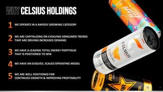 1
2
3
C E L S I U S H O L D I N G S , I N C . | C A G N Y I N V E S T O R P R E S E N TAT I O N
4
5
WE OPERATE IN A RAPIDLY GROWING CATEGORY
WE ARE CAPITALIZING ON EVOLVING CONSUMER TRENDS
THAT ARE DRIVING INCREASED DEMAND
WE HAVE A LEADING TOTAL ENERGY PORTFOLIO
THAT IS POSITIONED TO WIN
WE HAVE AN EVOLVED, SCALED OPERATING MODEL
WE ARE WELL POSITIONED FOR
CONTINUED GROWTH & IMPROVING PROFITABILITY
4
WHYCELSIUSHOLDINGS
 