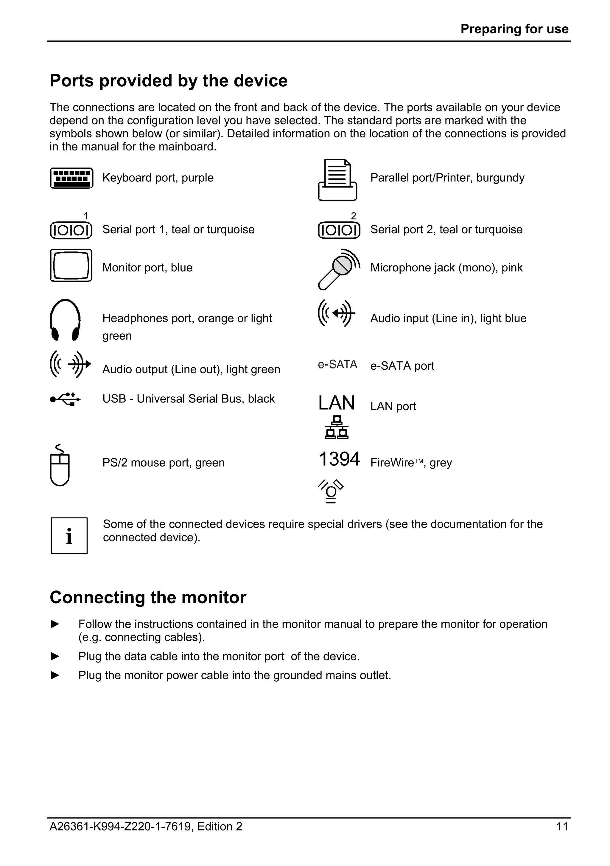 Preparing for use



Ports provided by the device
The connections are located on the front and back of the device. The ports available on your device
depend on the configuration level you have selected. The standard ports are marked with the
symbols shown below (or similar). Detailed information on the location of the connections is provided
in the manual for the mainboard.

            Keyboard port, purple                                  Parallel port/Printer, burgundy


        1                                                     2
            Serial port 1, teal or turquoise                       Serial port 2, teal or turquoise


            Monitor port, blue                                     Microphone jack (mono), pink



            Headphones port, orange or light                       Audio input (Line in), light blue
            green

            Audio output (Line out), light green                   e-SATA port

            USB - Universal Serial Bus, black
                                                       LAN         LAN port



            PS/2 mouse port, green                     1394        FireWire™, grey




            Some of the connected devices require special drivers (see the documentation for the
    i       connected device).




Connecting the monitor
►       Follow the instructions contained in the monitor manual to prepare the monitor for operation
        (e.g. connecting cables).
►       Plug the data cable into the monitor port of the device.
►       Plug the monitor power cable into the grounded mains outlet.




A26361-K994-Z220-1-7619, Edition 2                                                                     11
 