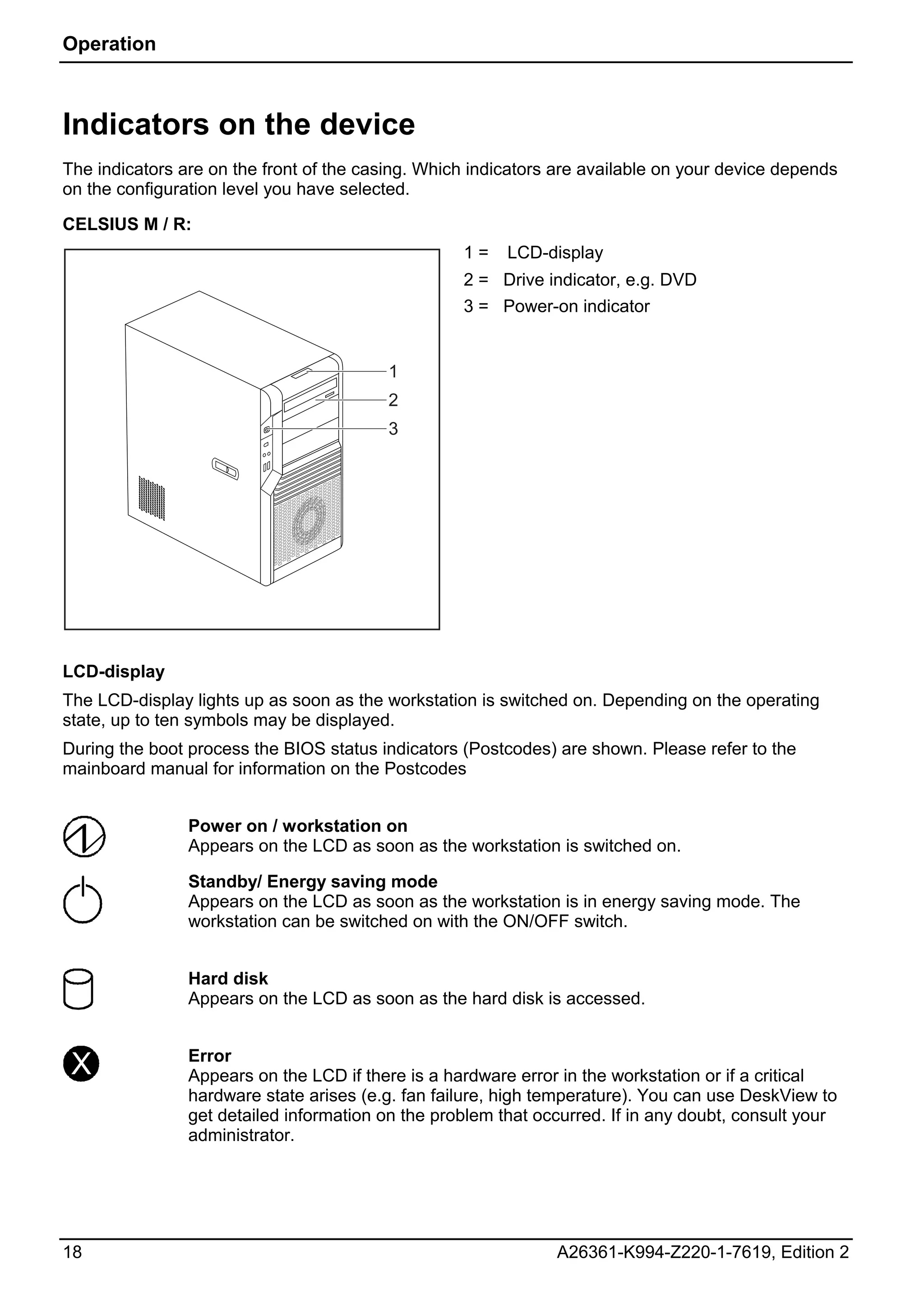 Operation



Indicators on the device
The indicators are on the front of the casing. Which indicators are available on your device depends
on the configuration level you have selected.

CELSIUS M / R:
                                                   1=    LCD-display
                                                   2 = Drive indicator, e.g. DVD
                                                   3 = Power-on indicator


                                          1
                                          2
                                          3




LCD-display
The LCD-display lights up as soon as the workstation is switched on. Depending on the operating
state, up to ten symbols may be displayed.
During the boot process the BIOS status indicators (Postcodes) are shown. Please refer to the
mainboard manual for information on the Postcodes


                Power on / workstation on
                Appears on the LCD as soon as the workstation is switched on.

                Standby/ Energy saving mode
                Appears on the LCD as soon as the workstation is in energy saving mode. The
                workstation can be switched on with the ON/OFF switch.


                Hard disk
                Appears on the LCD as soon as the hard disk is accessed.


 X              Error
                Appears on the LCD if there is a hardware error in the workstation or if a critical
                hardware state arises (e.g. fan failure, high temperature). You can use DeskView to
                get detailed information on the problem that occurred. If in any doubt, consult your
                administrator.




18                                                             A26361-K994-Z220-1-7619, Edition 2
 