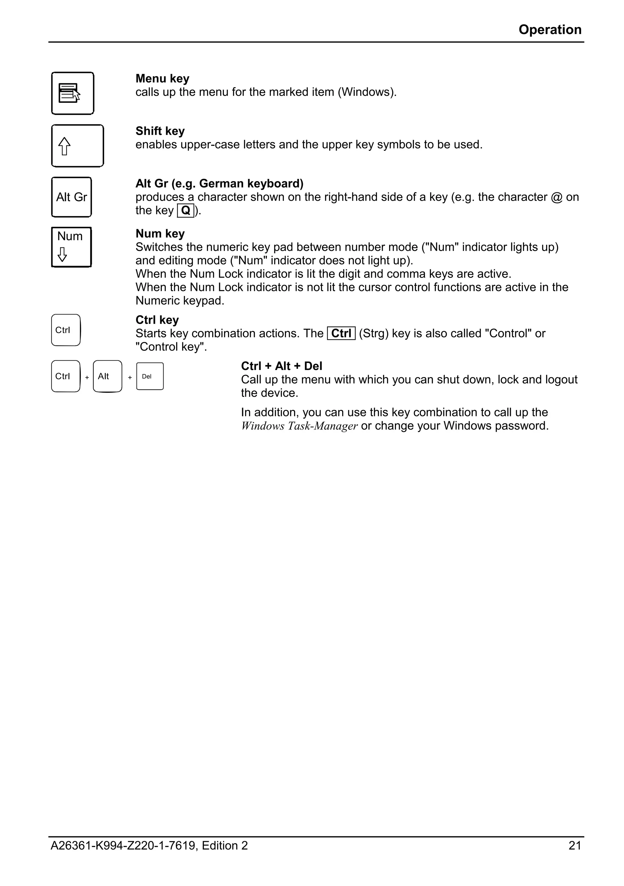 Operation


                     Menu key
                     calls up the menu for the marked item (Windows).


                     Shift key
                     enables upper-case letters and the upper key symbols to be used.


                     Alt Gr (e.g. German keyboard)
Alt Gr               produces a character shown on the right-hand side of a key (e.g. the character @ on
                     the key Q ).

 Num                 Num key
                     Switches the numeric key pad between number mode ("Num" indicator lights up)
                     and editing mode ("Num" indicator does not light up).
                     When the Num Lock indicator is lit the digit and comma keys are active.
                     When the Num Lock indicator is not lit the cursor control functions are active in the
                     Numeric keypad.
                     Ctrl key
Ctrl                 Starts key combination actions. The Ctrl (Strg) key is also called "Control" or
                     "Control key".
                                         Ctrl + Alt + Del
Ctrl   +   Alt   +    Del
                                         Call up the menu with which you can shut down, lock and logout
                                         the device.
                                         In addition, you can use this key combination to call up the
                                         Windows Task-Manager or change your Windows password.




A26361-K994-Z220-1-7619, Edition 2                                                                           21
 