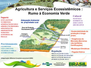 Agricultura e Serviços Ecossistêmicos :
                               Rumo à Economia Verde
                                                                              Cultural
Suporte                                                                       ESTÉTICO
CICLAGEM DE                                                                  ESPIRITUAL
NUTRIENTES                                                                    EDUCATIVO
FORMAÇÃO DO SOLO                                                             RECREATIVO
PRODUÇÃO PRIMÁRIA
POLINIZAÇÃO
DISPERSÃO DE
                                                                            •Sustentabilidade da
SEMENTES
                                                                            produção à longo
CONTROLE DE
                                                                            prazo;
PRAGAS
                                                                            • Exigências do
                                                                            Mercado (Barreiras
                                                                            não-tarifárias;
Provisionamento
                                                                            Certificações)
ALIMENTOS
ÁGUA POTÁVEL                                                               •Mudanças Climáticas
MADEIRA E FIBRAS                                      Regulação
COMBUSTÍVEIS                                                               • Pegada Hídrica
                                                       REGULAÇÃO DO CLIMA
                                                       REGULAÇÃO DE INUNDAÇÕES
                                                       REGULAÇÃO DE DOENÇAS
Categorização: Millenium Ecosystem assessment (2005)
                                                       PURIFICAÇÃO DE ÁGUA
 