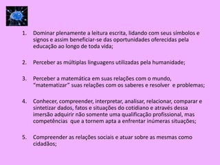 1.   Dominar plenamente a leitura escrita, lidando com seus símbolos e
     signos e assim beneficiar-se das oportunidades oferecidas pela
     educação ao longo de toda vida;

2.   Perceber as múltiplas linguagens utilizadas pela humanidade;

3.   Perceber a matemática em suas relações com o mundo,
     “matematizar” suas relações com os saberes e resolver e problemas;

4.   Conhecer, compreender, interpretar, analisar, relacionar, comparar e
     sintetizar dados, fatos e situações do cotidiano e através dessa
     imersão adquirir não somente uma qualificação profissional, mas
     competências que a tornem apta a enfrentar inúmeras situações;

5.   Compreender as relações sociais e atuar sobre as mesmas como
     cidadãos;
 