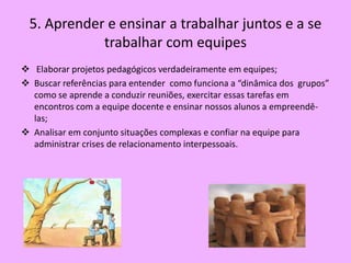 5. Aprender e ensinar a trabalhar juntos e a se
            trabalhar com equipes
 Elaborar projetos pedagógicos verdadeiramente em equipes;
 Buscar referências para entender como funciona a “dinâmica dos grupos”
  como se aprende a conduzir reuniões, exercitar essas tarefas em
  encontros com a equipe docente e ensinar nossos alunos a empreendê-
  las;
 Analisar em conjunto situações complexas e confiar na equipe para
  administrar crises de relacionamento interpessoais.
 