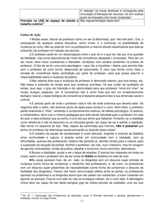25
A “adesão” às novas diretrizes é conseguida pela
vinculação à liberação de recursos: só tem acesso
quem se enquadra nas novas “propostas”
Previsão na LDB de espaço de estudo e
trabalho coletivo17
Não regulamentação deste item
Linhas de Ação
1.Muitas vezes, fala-se do professor como um ser já deformado, que “não tem jeito”. Ora, o
pressuposto de qualquer prática educativa, como vimos, é a confiança na possibilidade de
mudança do outro. Não se pode ter com os professores a mesma atitude classificatória que está se
criticando (do professor em relação aos alunos).
2.O professor pode ter um descompasso entre o que diz e o que faz não por uma questão
de falsidade, mas como decorrência de níveis de consciência (desejada x enraizada). Para ser um
ato moral, deve haver consciência e liberdade, condições nem sempre presentes na prática do
professor. O fato de se ter uma outra abordagem —que não a moralista— liberta, pois permite lidar
com o professor de outra forma, desprovida de preconceito. É claro que temos como meta a
tomada de consciência desta contradição por parte do professor, para que possa assumir a
responsabilidade sobre a mudança da prática.
3.Não adianta dizer que a mudança do professor é demorada mesmo, que leva tempo, etc.
Não basta a extensão do tempo para que mudança aconteça: há que cuidar da qualidade do
tempo, qual seja, o grau de interação e de oportunidade para que professor “entre em crise”, se
reveja, busque, pesquise, etc. A consciência não é como fruta que tem um amadurecimento
biológico natural; a base biológica da consciência é bastante pequena face à sua dimensão social e
cultural.
4.É preciso partir de onde o professor está e não de onde achamos que deveria estar. Se
negamos todo o velho, não teremos ponto de apoio para construir o novo. Além disto, o professor
perde totalmente o “chão”, tendendo a comportamentos reativos, de defesa psicológica. O sistema,
a mantenedora, deve usar a mesma pedagogia que está sendo solicitada para o professor em sala
de aula: é este professor que eu tenho, é com ele que tenho que trabalhar. Portanto, ter a realidade
como referência e não os discursos ou as intenções gerais; ser capaz de ver e admitir a realidade.
Não entrar no esquema do tipo: “Não, depois da caminhada que fizemos, não é possível que
tenha um professor da rede/nossa escola pensando ou fazendo estas coisas”.
5.O trabalho da equipe de coordenação é muito delicado, exigindo a vivência da dialética
entre continuidade e ruptura: é preciso entrar em continuidade com a realidade, com as
dificuldades, queixas dos professores, todavia não parando aí, abrindo campo para a ruptura, para
a superação da situação de partida. Acolher o professor, ser colo, ouvir (mesmo!), mas ter coragem
de apontar contradições, limites da prática, desafiar a encontrar novos caminhos, alternativas.
6.Buscar a totalidade, ajudar a ver o leque de relações. É preciso dar respostas em todos os
níveis, assim como o professor tem de dar conta de todos os desafios em sala de aula.
Às vezes parecem ficar, de um lado, os dirigentes com um discurso super otimista de
mudança (como forma de compensar o desânimo dos professores), e, de outro, os professores
com um discurso super pessimista de impossibilidade (como forma de compensar o discurso de
facilidade dos dirigentes). Parece não haver comunicação efetiva entre as partes: os professores
apontam os problemas e os dirigentes dizem que não podem ser resistentes, e ficam insistindo em
apontar os avanços. Fica-se num pólo só; não se consegue matizar, ver o outro lado. A abordagem
crítica deve ser capaz de sair deste perigoso jogo de visões parciais da realidade, uma vez que
17
.Art. 67 — Valorização dos Profissionais da educação, inciso V—Período reservado a estudos, planejamento e
avaliação, incluído na carga horária.
 