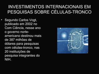 INVESTIMENTOS INTERNACIONAIS EM PESQUISAS SOBRE CÉLULAS-TRONCO Segundo Carlos Vogt, publicado em 2002 no Com Ciência, nesse ano o governo norte-americano destinou mais de 387 milhões de dólares para pesquisas com células-tronco, nas 20 instituições de pesquisa integrantes do NIH. 