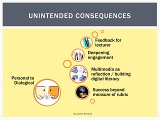 UNINTENDED CONSEQUENCES


                                       Feedback for
                                       lecturer
                               Deepening
                               engagement

                                  Multimedia as
                                  reflection / building
Personal to                       digital literacy
 Dialogical
                                      Success beyond
                                      measure of rubric


                  @t_eloise #celt12
 
