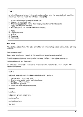 _________________________________________________________________________________
8
Task 12
All of the following sentences (1-5) contain modal auxiliary verbs that are underlined. Match the
meaning of the modal verb to the definitions below (A-E).
1. You should see a doctor as soon as you can.
2. You may go now, thank you.
3. This letter must be from Frank – he’s the only one who hasn’t written so far.
4. I can’t play the piano very well.
5. We could go out, but I don’t know if I’m in the mood.
A. Ability
B. Logical deduction
C. Advice
D. Possibility
E. Permission
Verb forms
All verbs have a base form. This is the form of the verb when nothing extra is added. In the following
sentence:
Listen more carefully!
‘listen’ is the base form of the verb (in this case it is being used as an imperative).
Sometimes we add letters to verbs in order to change the form. In the following sentence:
He mostly listens to jazz these days.
an –s has been added to the base form of ‘listen’ in order to create the 3rd person singular of the
present simple tense.
Task 13
Match the underlined verb form examples to the correct definition.
1. I worked until 7 o’clock last night.
2. They’ve been seeing a lot of each other lately.
3. She lives not far from here.
4. You have to try harder.
5. It was handed to me as I was leaving.
verb form
base form
3rd person –present simple tense
past tense form
past participle form
-ing form
 