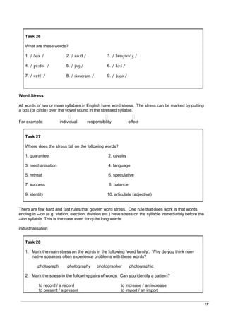 _________________________________________________________________________________
17
Task 26
What are these words?
1. / ∂eW / 2. / sa¨† / 3. / læn˝wˆdΩ /
4. / pi…sfWl / 5. / j√˜ / 6. / kø…l /
7. / s±…tß / 8. / ˆkweˆΩWn / 9. / ß¨˝W /
Word Stress
All words of two or more syllables in English have word stress. The stress can be marked by putting
a box (or circle) over the vowel sound in the stressed syllable.
‫ٱ‬ ‫ٱ‬ ‫ٱ‬
For example: individual responsibility effect
Task 27
Where does the stress fall on the following words?
1. guarantee 2. cavalry
3. mechanisation 4. language
5. retreat 6. speculative
7. success 8. balance
9. identity 10. articulate (adjective)
There are few hard and fast rules that govern word stress. One rule that does work is that words
ending in –ion (e.g. station, election, division etc.) have stress on the syllable immediately before the
–ion syllable. This is the case even for quite long words:
‫ٱ‬
industrialisation
Task 28
1. Mark the main stress on the words in the following 'word family'. Why do you think non-
native speakers often experience problems with these words?
photograph photography photographer photographic
2. Mark the stress in the following pairs of words. Can you identify a pattern?
to record / a record to increase / an increase
to present / a present to import / an import
 