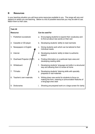 _________________________________________________________________________________
25
B Resources
In your teaching situation you will have some resources available to you. The range will vary and
depend on where you are teaching. Below is a list of possible resources you may be able to use.
Match them to their uses.
Task 44
Resource Can be used for
1. Published coursebook a. Encouraging students to expand their vocabulary and
to find out about new words on their own
2. Cassette or CD player b. Developing students’ ability to read real texts
3. Newspapers in English c. Giving students work which can be tailored to their
individual needs
4. Internet d. Developing students’ ability to listen to authentic
speech
5. Overhead Projector (OHP) e. Finding information on a particular topic area and
developing reading skills
6. Whiteboard f. Developing students’ language and skills in a structured
way and allowing them to review at home
7. TV/radio g. Developing students’ listening skills with specially
prepared or real materials
8. Teacher’s own materials h. Writing down new words for students to focus on,
making the form, meaning or pronunciation features of
a language area clear
9. Dictionaries i. Showing pre-prepared work on a large screen for clarity
 