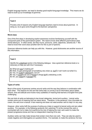 _________________________________________________________________________________
6
English language teacher, we need to develop good explicit language knowledge. This means we do
need to build up our knowledge of grammar.
Task 8
Provide a list of reasons why English language teachers need to know about grammar. In
doing so, try to give some thought to the learners’ perspective.
Word class
One of the first steps in developing explicit awareness involves familiarising yourself with the
component parts of the grammatical system. We need to know what different grammatical class
words belong to. In other words, are they nouns, pronouns, verbs, adjectives, adverbs etc.? We
need to know their word class (another term for this is part of speech).
Grammar reference books can help you with this. However, good dictionaries are another source of
this information.
Task 9
Identify the underlined words in the following dialogue. Use a grammar reference book or a
dictionary to help you with this if necessary.
A: What are you(1) looking at?
B: Well, it’s a(2) photograph of something very close up, but(3) I can’t work out what it is.
A: Yes, it’s quite(4) abstract(5), isn’t it?
B: Yes. It could(6) be one of those(7) things for(8) unblocking a sink.
A: Oh, you mean(9) a plunger(10).
Types of verbs
Much of the study of grammar centres around verbs and the way they behave in combination with
each other. The reasons for this are that verbs help us convey a lot of information about states,
actions, time and attitude and involve many subtleties of meaning that learners of English find quite
challenging.
We can look at verbs as belonging to two broad categories: lexical and auxiliary. Lexical verbs
contain some sort of meaning and can stand alone. Therefore, in the sentence I love chocolate ice
cream, the verb love is lexical: it has meaning and does not need another verb to help it in any way.
However, other verbs fulfil the purpose of acting as a help or support to lexical verbs and are called
auxiliary. For example, in the following sentence He’s watching TV at the moment the verb is
(contracted with he to make he’s) performs the role of helping the main verb watch to make the
present progressive tense and has no independent meaning of its own.
Auxiliary verbs can help make tenses that contain more than one verb. They can also be used to
create negative and interrogative (or question) forms. For example, to make the sentence He lives
 