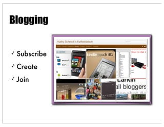 ✓ Subscribe
✓ Create
✓ Join
Blogging
 