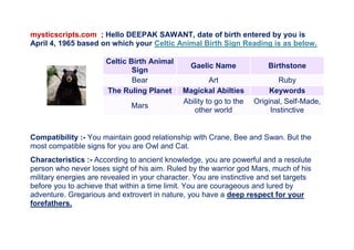 mysticscripts.com ; Hello DEEPAK SAWANT, date of birth entered by you is
April 4, 1965 based on which your Celtic Animal Birth Sign Reading is as below.
Celtic Birth Animal
Sign
Gaelic Name Birthstone
Bear Art Ruby
The Ruling Planet Magickal Abilties Keywords
Mars
Ability to go to the
other world
Original, Self-Made,
Instinctive
Compatibility :- You maintain good relationship with Crane, Bee and Swan. But the
most compatible signs for you are Owl and Cat.
Characteristics :- According to ancient knowledge, you are powerful and a resolute
person who never loses sight of his aim. Ruled by the warrior god Mars, much of his
military energies are revealed in your character. You are instinctive and set targets
before you to achieve that within a time limit. You are courageous and lured by
adventure. Gregarious and extrovert in nature, you have a deep respect for your
forefathers.
 