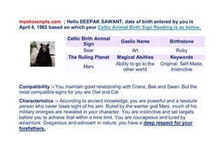 mysticscripts.com ; Hello DEEPAK SAWANT, date of birth entered by you is
April 4, 1965 based on which your Celtic Animal Birth Sign Reading is as below.
Celtic Birth Animal
Sign
Gaelic Name Birthstone
Bear Art Ruby
The Ruling Planet Magical Abilties Keywords
Mars
Ability to go to the
other world
Original, Self-Made,
Instinctive
Compatibility :- You maintain good relationship with Crane, Bee and Swan. But the
most compatible signs for you are Owl and Cat.
Characteristics :- According to ancient knowledge, you are powerful and a resolute
person who never loses sight of his aim. Ruled by the warrior god Mars, much of his
military energies are revealed in your character. You are instinctive and set targets
before you to achieve that within a time limit. You are courageous and lured by
adventure. Gregarious and extrovert in nature, you have a deep respect for your
forefathers.
 