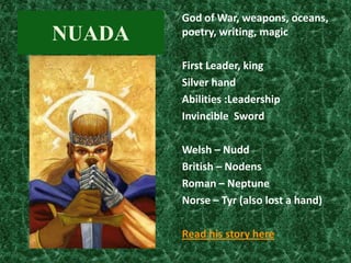 NUADA

God of War, weapons, oceans,
poetry, writing, magic
First Leader, king
Silver hand
Abilities :Leadership
Invincible Sword

Welsh – Nudd
British – Nodens
Roman – Neptune
Norse – Tyr (also lost a hand)
Read his story here

 