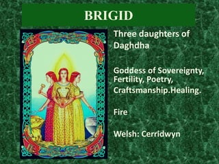 BRIGID
Three daughters of
Daghdha
Goddess of Sovereignty,
Fertility, Poetry,
Craftsmanship.Healing.
Fire

Welsh: Cerridwyn

 