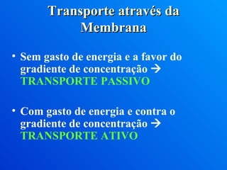 Transporte através da Membrana Sem gasto de energia e a favor do gradiente de concentração     TRANSPORTE PASSIVO Com gasto de energia e contra o gradiente de concentração     TRANSPORTE ATIVO 