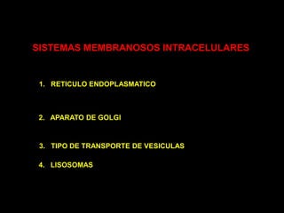 SISTEMAS MEMBRANOSOS INTRACELULARES1.   RETICULO ENDOPLASMATICO2.   APARATO DE GOLGI3.   TIPO DE TRANSPORTE DE VESICULAS4.   LISOSOMAS
