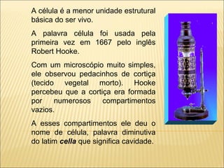 A célula é a menor unidade estrutural básica do ser vivo.  A palavra célula foi usada pela primeira vez em 1667 pelo inglês Robert Hooke.  Com um microscópio muito simples, ele observou pedacinhos de cortiça (tecido vegetal morto). Hooke percebeu que a cortiça era formada por numerosos compartimentos vazios.  A esses compartimentos ele deu o nome de célula, palavra diminutiva do latim  cella  que significa cavidade. 
