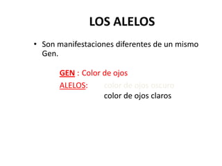 LOS ALELOS
• Son manifestaciones diferentes de un mismo
  Gen.

      GEN : Color de ojos
      ALELOS:     color de ojos oscuro
                  color de ojos claros
 