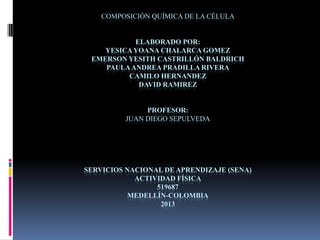 COMPOSICIÓN QUÍMICA DE LA CÉLULA

ELABORADO POR:
YESICA YOANA CHALARCA GOMEZ
EMERSON YESITH CASTRILLÓN BALDRICH
PAULA ANDREA PRADILLA RIVERA
CAMILO HERNANDEZ
DAVID RAMIREZ

PROFESOR:
JUAN DIEGO SEPULVEDA

SERVICIOS NACIONAL DE APRENDIZAJE (SENA)
ACTIVIDAD FÍSICA
519687
MEDELLÍN-COLOMBIA
2013

 