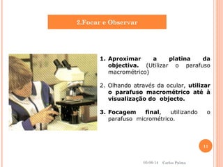2.Focar e Observar
1. Aproximar a platina da
objectiva. (Utilizar o parafuso
macrométrico)
2. Olhando através da ocular, utilizar
o parafuso macrométrico até à
visualização do objecto.
3. Focagem final, utilizando o
parafuso micrométrico.
05-06-14
11
Carlos Palma
 