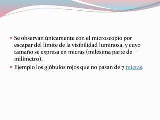  Se observan únicamente con el microscopio por 
escapar del limite de la visibilidad luminosa, y cuyo 
tamaño se expresa en micras (milésima parte de 
milímetro). 
 Ejemplo los glóbulos rojos que no pasan de 7 micras. 
 