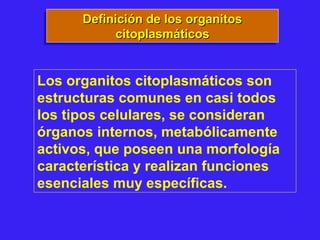 Definición de los organitosDefinición de los organitos
citoplasmáticoscitoplasmáticos
Definición de los organitosDefinición de los organitos
citoplasmáticoscitoplasmáticos
Los organitos citoplasmáticos son
estructuras comunes en casi todos
los tipos celulares, se consideran
órganos internos, metabólicamente
activos, que poseen una morfología
característica y realizan funciones
esenciales muy específicas.
 