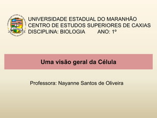 Uma visão geral da Célula
UNIVERSIDADE ESTADUAL DO MARANHÃO
CENTRO DE ESTUDOS SUPERIORES DE CAXIAS
DISCIPLINA: BIOLOGIA ANO: 1º
Professora: Nayanne Santos de Oliveira
 