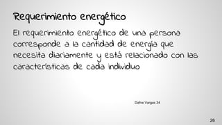 Requerimiento energético
El requerimiento energético de una persona
corresponde a la cantidad de energía que
necesita diariamente y está relacionado con las
características de cada individuo
Dafne Vargas 34
26
 