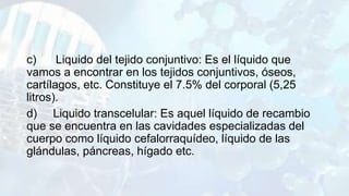 c) Liquido del tejido conjuntivo: Es el líquido que
vamos a encontrar en los tejidos conjuntivos, óseos,
cartílagos, etc. Constituye el 7.5% del corporal (5,25
litros).
d) Liquido transcelular: Es aquel líquido de recambio
que se encuentra en las cavidades especializadas del
cuerpo como líquido cefalorraquídeo, líquido de las
glándulas, páncreas, hígado etc.
 