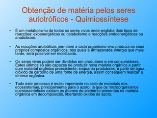 Obtenção de matéria pelos seres autotróficos - Quimiossíntese É um metabolismo de todos os seres vivos onde engloba dois tipos de reacções: exoenergéticas ou catabolismo e reacções endoenergéticas ou anabolismo. As reacções anabólicas permitem a cada organismo vivo produza os seus próprios compostos orgânicos, nos quais é armazenada energia que mais tarde, será possível ser mobilizada. Os seres vivos podem ser divididos em produtores e em consumidores. Estes últimos só são capazes de produzir nova matéria orgânica a partir dum material orgânico preexistente, enquanto produtores, a partir de água, dióxido de carbono de uma fonte de energia, assim conseguem realizar a síntese orgânica. Todo este processo é muito importante no ciclo de materiais dos ecossistemas, principalmente para o azoto, já que os microorganismos quimiossintéticos oxidam os átomos de elemento presentes na matéria orgânica em decomposição, libertando óxidos de azoto. 