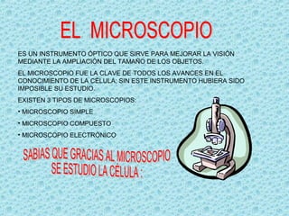 ES UN INSTRUMENTO ÓPTICO QUE SIRVE PARA MEJORAR LA VISIÓN
MEDIANTE LA AMPLIACIÓN DEL TAMAÑO DE LOS OBJETOS.
EL MICROSCOPIO FUE LA CLAVE DE TODOS LOS AVANCES EN EL
CONOCIMIENTO DE LA CÉLULA; SIN ESTE INSTRUMENTO HUBIERA SIDO
IMPOSIBLE SU ESTUDIO.
EXISTEN 3 TIPOS DE MICROSCOPIOS:
• MICROSCOPIO SIMPLE
• MICROSCOPIO COMPUESTO
• MICROSCOPIO ELECTRÓNICO
 