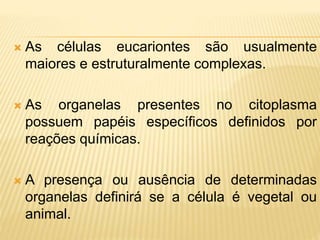  As células eucariontes são usualmente
maiores e estruturalmente complexas.
 As organelas presentes no citoplasma
possuem papéis específicos definidos por
reações químicas.
 A presença ou ausência de determinadas
organelas definirá se a célula é vegetal ou
animal.
 