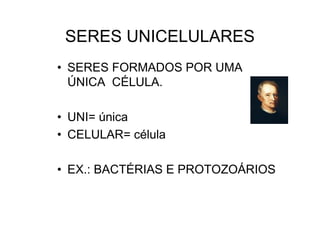 SERES UNICELULARES
• SERES FORMADOS POR UMA
ÚNICA CÉLULA.
• UNI= única
• CELULAR= célula
• EX.: BACTÉRIAS E PROTOZOÁRIOS
 