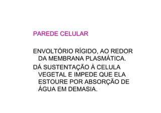 PAREDE CELULARPAREDE CELULAR
ENVOLTÓRIO RÍGIDO, AO REDOR
DA MEMBRANA PLASMÁTICA.
DÁ SUSTENTAÇÃO À CELULA
VEGETAL E IMPEDE QUE ELA
ESTOURE POR ABSORÇÃO DE
ÁGUA EM DEMASIA.
 