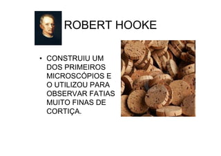 ROBERT HOOKE
• CONSTRUIU UM
DOS PRIMEIROS
MICROSCÓPIOS E
O UTILIZOU PARA
OBSERVAR FATIAS
MUITO FINAS DE
CORTIÇA.
 