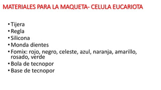 MATERIALES PARA LA MAQUETA- CELULA EUCARIOTA
•Tijera
•Regla
•Silicona
•Monda dientes
•Fomix: rojo, negro, celeste, azul, naranja, amarillo,
rosado, verde
•Bola de tecnopor
•Base de tecnopor
 