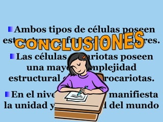 Ambos tipos de células poseen
estructuras y funciones similares.
Las células eucariotas poseen
una mayor complejidad
estructural que las procariotas.
En el nivel celular se manifiesta
la unidad y diversidad del mundo
vivo.
 