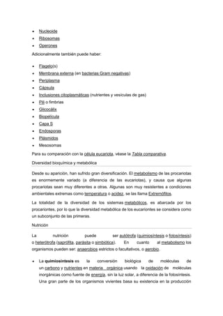 Nucleoide
Ribosomas
Operones
Adicionalmente también puede haber:
Flagelo(s)
Membrana externa (en bacterias Gram negativas)
Periplasma
Cápsula
Inclusiones citoplasmáticas (nutrientes y vesículas de gas)
Pili o fimbrias
Glicocálix
Biopelícula
Capa S
Endosporas
Plásmidos
Mesosomas
Para su comparación con la célula eucariota, véase la Tabla comparativa.
Diversidad bioquímica y metabólica
Desde su aparición, han sufrido gran diversificación. El metabolismo de las procariotas
es enormemente variado (a diferencia de las eucariotas), y causa que algunas
procariotas sean muy diferentes a otras. Algunas son muy resistentes a condiciones
ambientales extremas como temperatura o acidez, se las llama Extremófilos.
La totalidad de la diversidad de los sistemas metabólicos, es abarcada por los
procariontes, por lo que la diversidad metabólica de los eucariontes se considera como
un subconjunto de las primeras.
Nutrición
La

nutrición

puede

ser autótrofa (quimiosíntesis o fotosíntesis)

o heterótrofa (saprófita, parásita o simbiótica).

En

cuanto

al metabolismo los

organismos pueden ser: anaerobios estrictos o facultativos, o aerobio.
La quimiosíntesis es

la

conversión

biológica

de

moléculas

de

un carbono y nutrientes en materia orgánica usando la oxidación de moléculas
inorgánicas como fuente de energía, sin la luz solar, a diferencia de la fotosíntesis.
Una gran parte de los organismos vivientes basa su existencia en la producción

 