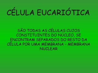 CÉLULA EUCARIÓTICA SÃO TODAS AS CÉLULAS CUJOS CONSTITUINTES DO NÚCLEO, SE ENCONTRAM SEPARADOS DO RESTO DA CÉLULA POR UMA MEMBRANA – MEMBRANA NUCLEAR 