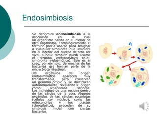 Endosimbiosis
Se denomina endosimbiosis a la
asociación en la cual
un organismo habita en el interior de
otro organismo. E...