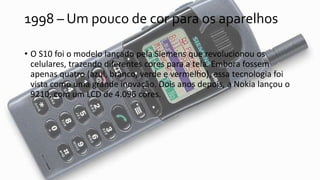 1998 – Um pouco de cor para os aparelhos
• O S10 foi o modelo lançado pela Siemens que revolucionou os
celulares, trazendo diferentes cores para a tela. Embora fossem
apenas quatro (azul, branco, verde e vermelho), essa tecnologia foi
vista como uma grande inovação. Dois anos depois, a Nokia lançou o
9210, com um LCD de 4.096 cores.
 