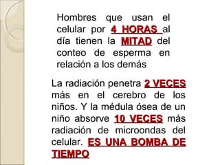 Hombres que usan el
celular por 4 HORAS4 HORAS al
día tienen la MITADMITAD del
conteo de esperma en
relación a los demás
La radiación penetra 2 VECES2 VECES
más en el cerebro de los
niños. Y la médula ósea de un
niño absorve 10 VECES10 VECES más
radiación de microondas del
celular. ES UNA BOMBA DEES UNA BOMBA DE
TIEMPOTIEMPO
 