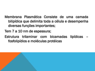Membrana Plasmática Consiste de uma camada
  bilipídica que delimita toda a célula e desempenha
  diversas funções importantes;
Tem 7 a 10 nm de espessura;
Estrutura trilaminar com bicamadas lipídicas –
  fosfolipídios e moléculas protéicas
 