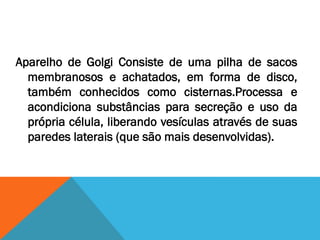 Aparelho de Golgi Consiste de uma pilha de sacos
  membranosos e achatados, em forma de disco,
  também conhecidos como cisternas.Processa e
  acondiciona substâncias para secreção e uso da
  própria célula, liberando vesículas através de suas
  paredes laterais (que são mais desenvolvidas).
 