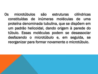 Os microtúbulos são estruturas cilíndricas
  constituídas de inúmeras moléculas de uma
  proteína denominada tubulina, que se dispõem em
  um padrão helicoidal, dando origem à parede do
  túbulo. Essas moléculas podem se desassociar
  desfazendo o microtúbulo e, em seguida, se
  reorganizar para formar novamente o microtúbulo.
 