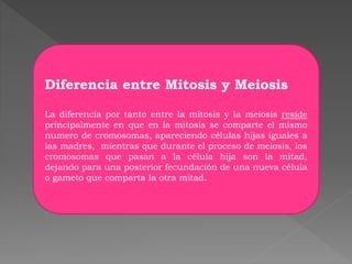 Diferencia entre Mitosis y Meiosis
La diferencia por tanto entre la mitosis y la meiosis reside
principalmente en que en la mitosis se comparte el mismo
numero de cromosomas, apareciendo células hijas iguales a
las madres, mientras que durante el proceso de meiosis, los
cromosomas que pasan a la célula hija son la mitad,
dejando para una posterior fecundación de una nueva célula
o gameto que comparta la otra mitad.
 